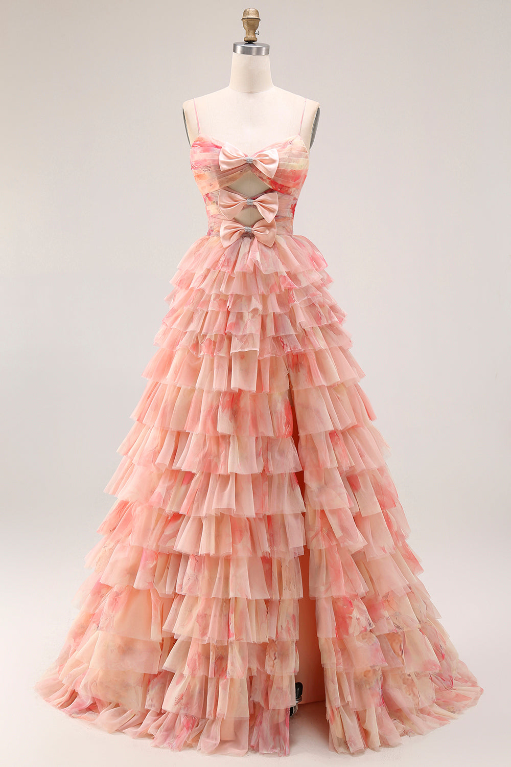 Tiered Spaghetti Straps Sunset Cut Out Prom Dress with Bows - Image 1