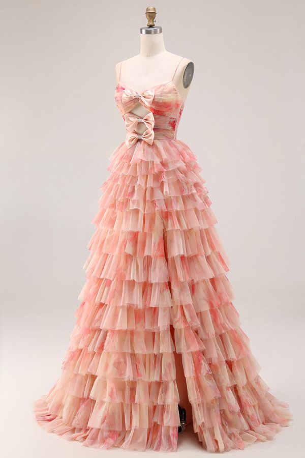 Tiered Spaghetti Straps Sunset Cut Out Prom Dress with Bows - Image 3