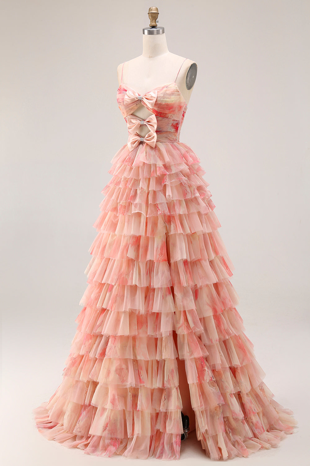 Tiered Spaghetti Straps Sunset Cut Out Prom Dress with Bows - Image 3