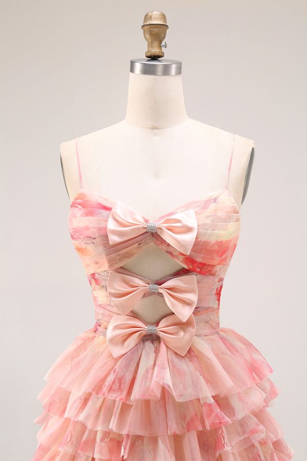 Tiered Spaghetti Straps Sunset Cut Out Prom Dress with Bows - Image 4