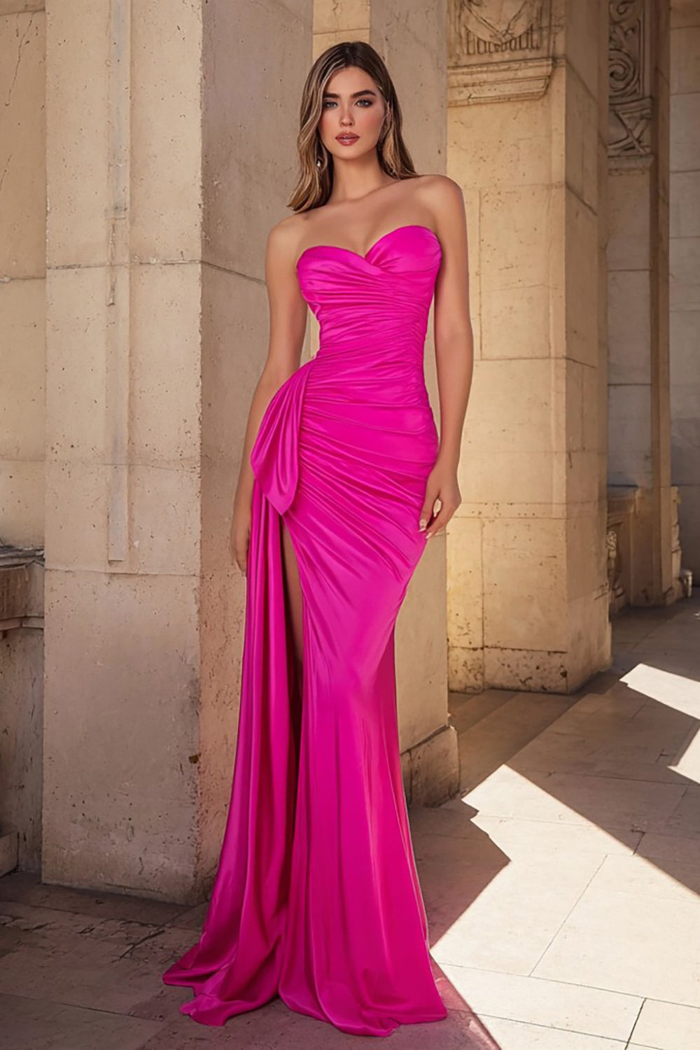 Sweetheart Fuchsia Mermaid Ruched Prom Dress With Slit - Image 1