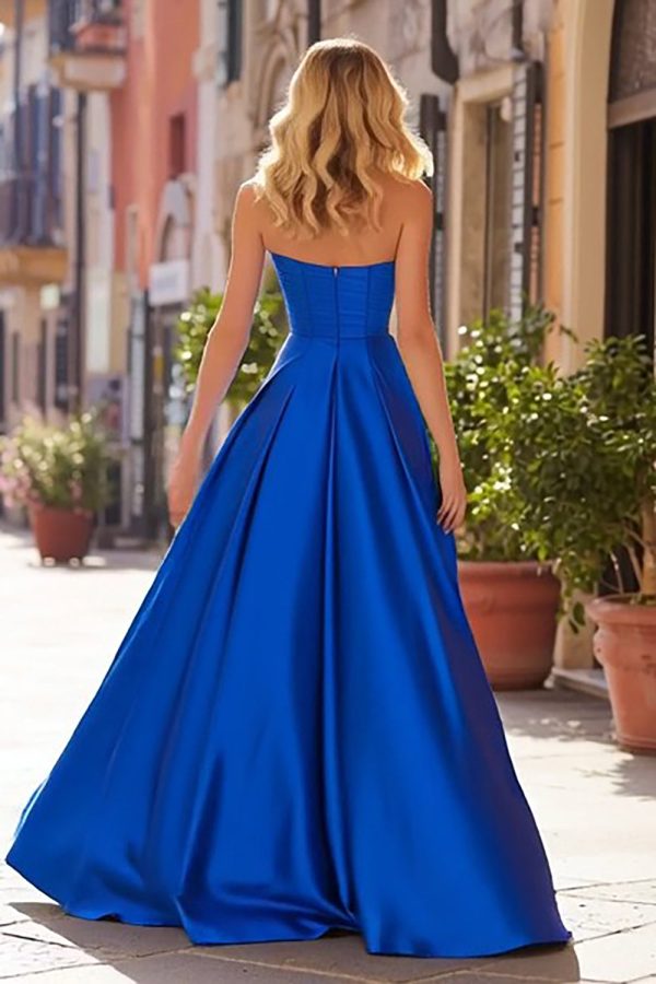 Sweetheart Royal Blue Satin A-Line Prom Dress With Slit - Image 2