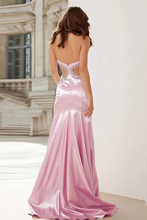 Sweetheart Pink Beaded Mermaid Cut Out Long Prom Dress With Slit - Image 2