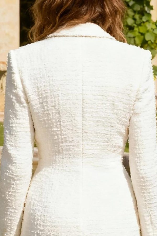 Tweed Peak Lapel Double Breasted White Work Dress - Image 4