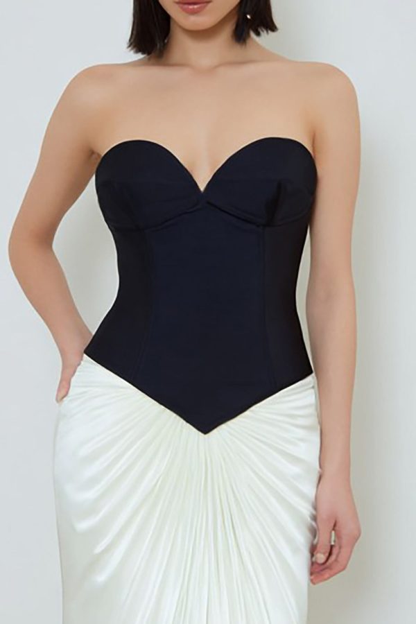 Sweetheart Sheath Ruched Black and White Maxi Formal Dress - Image 2