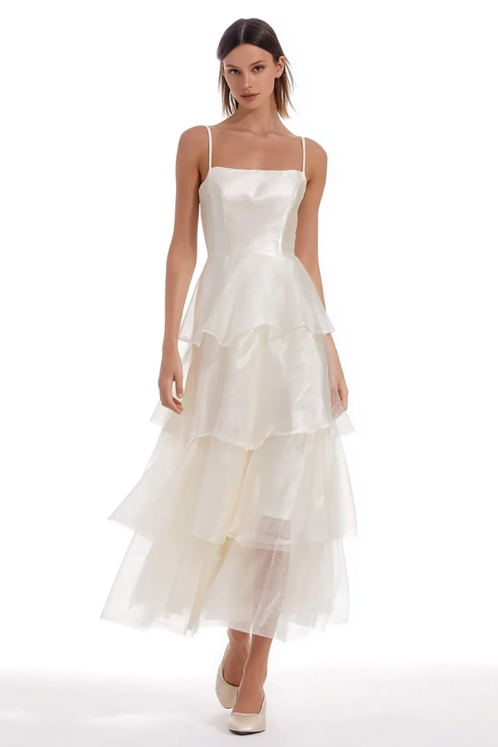 Tiered Spaghetti Straps Satin Midi White Dress - Image 1