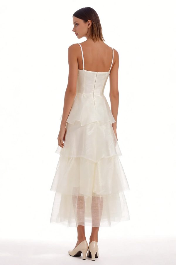 Tiered Spaghetti Straps Satin Midi White Dress - Image 2