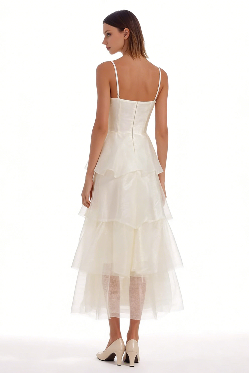 Tiered Spaghetti Straps Satin Midi White Dress - Image 2
