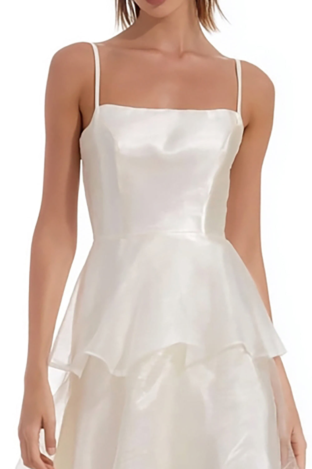 Tiered Spaghetti Straps Satin Midi White Dress - Image 3