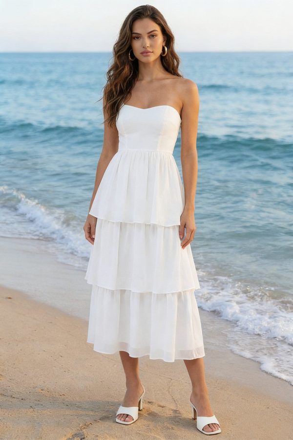 Tiered Strapless White Midi Engagement Dress - Image 1