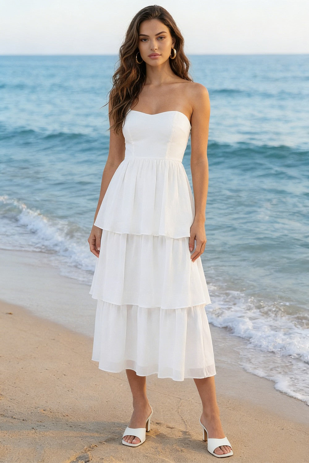 Tiered Strapless White Midi Engagement Dress - Image 1