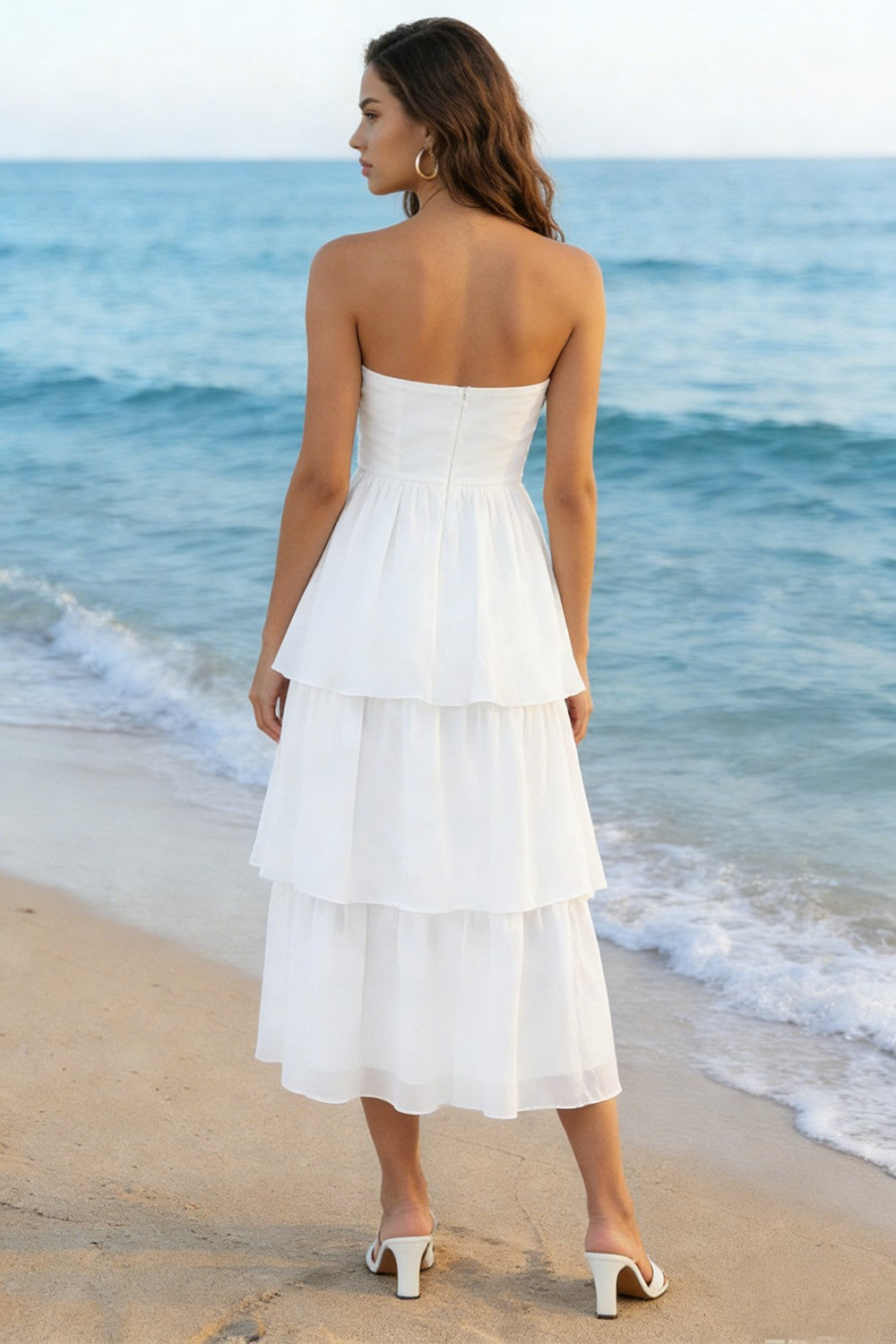 Tiered Strapless White Midi Engagement Dress - Image 2