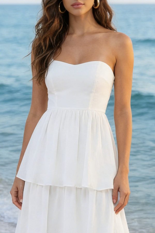 Tiered Strapless White Midi Engagement Dress - Image 3