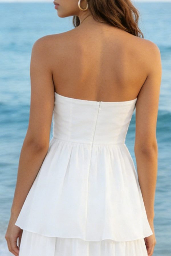 Tiered Strapless White Midi Engagement Dress - Image 4