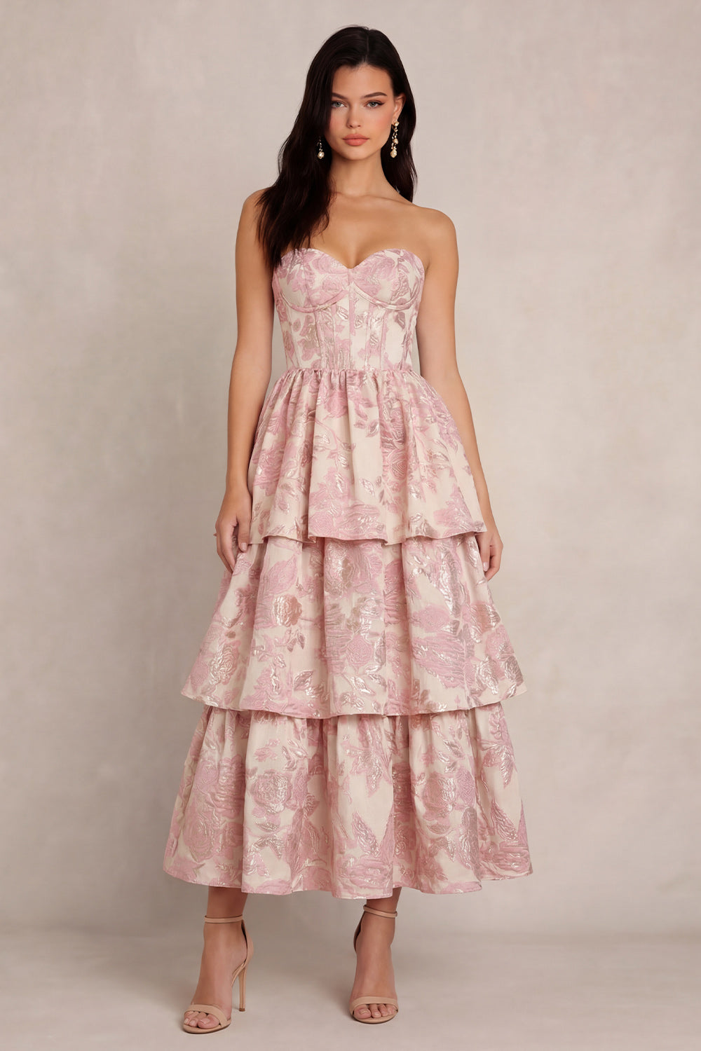 Tiered Strapless Blush Floral Brocade Wedding Guest Dress - Image 1