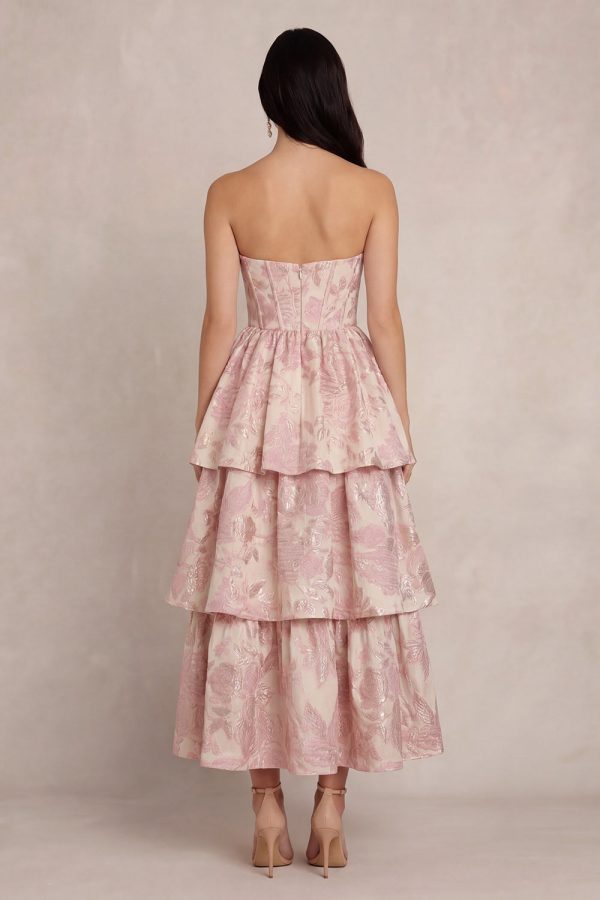 Tiered Strapless Blush Floral Brocade Wedding Guest Dress - Image 2
