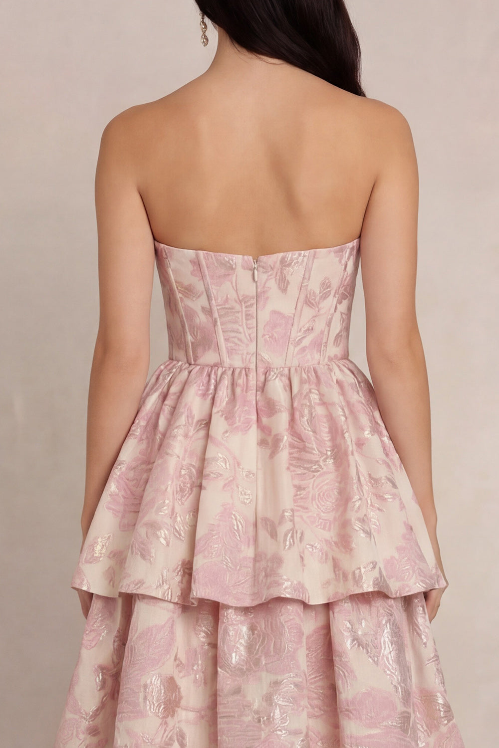 Tiered Strapless Blush Floral Brocade Wedding Guest Dress - Image 4