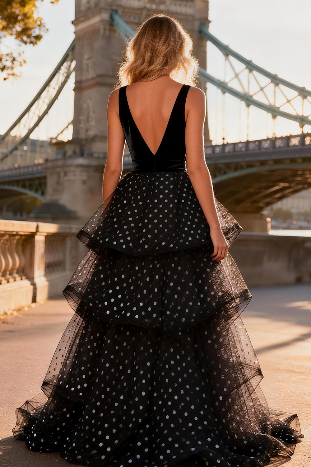 Tiered V Neck Black and White Polka Dot Prom Dress - Image 2