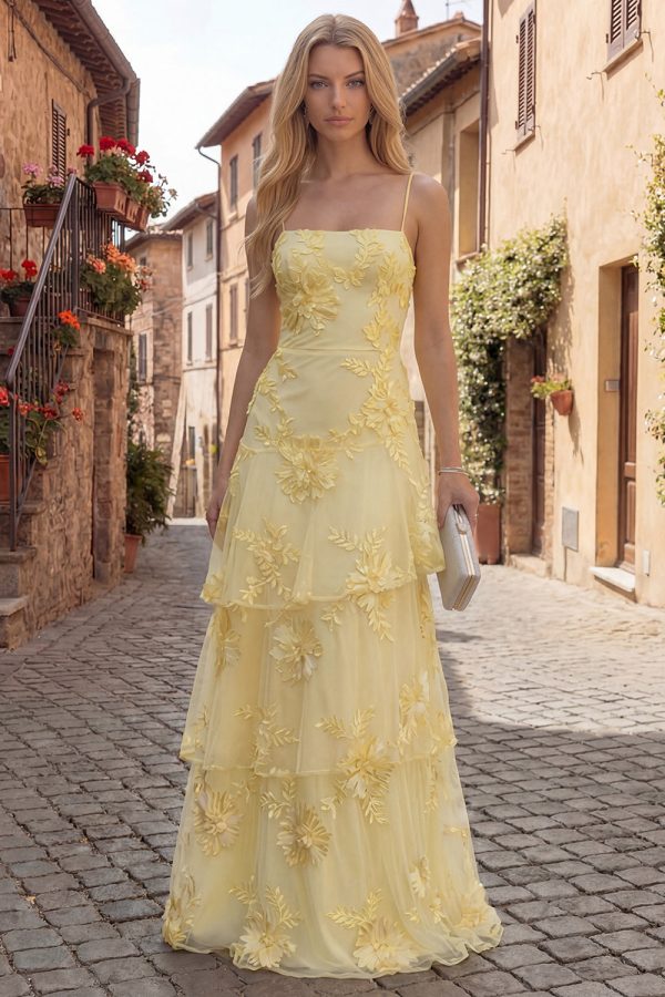Tiered Appliqued Yellow Maxi Prom Dress
