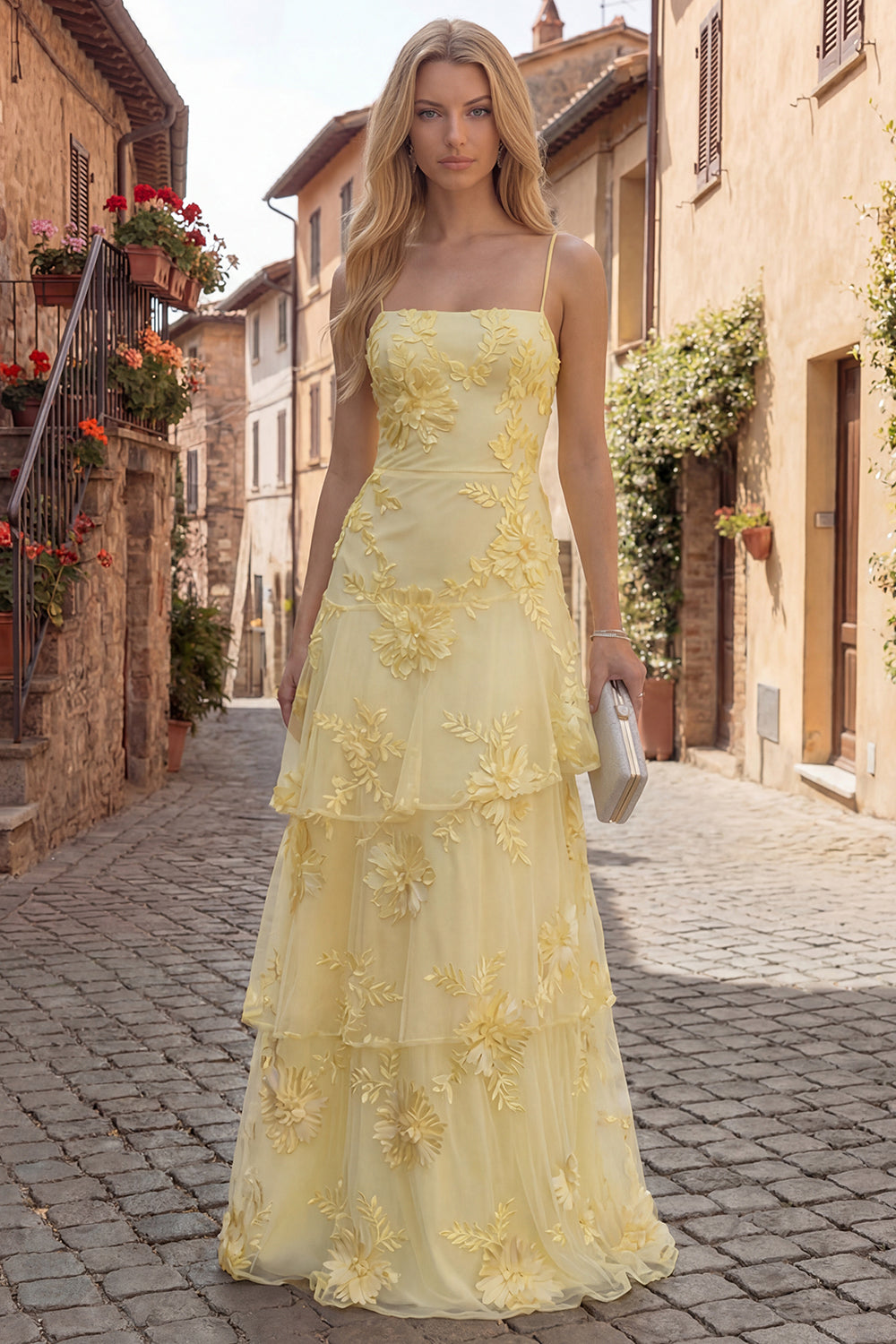 Tiered Appliqued Yellow Maxi Prom Dress - Image 1