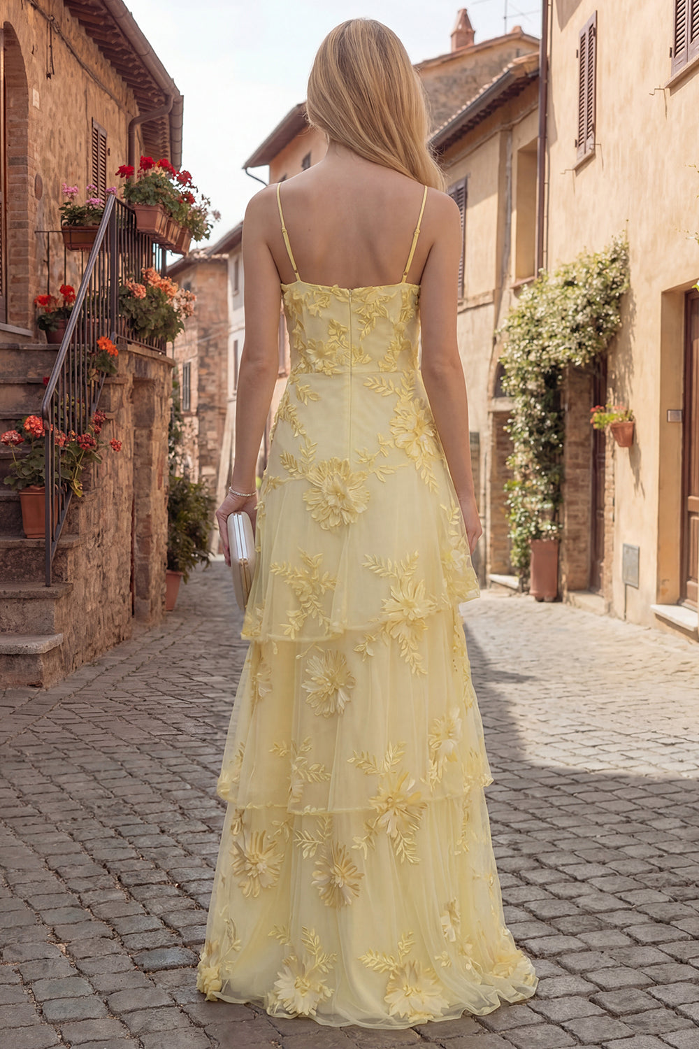 Tiered Appliqued Yellow Maxi Prom Dress - Image 2