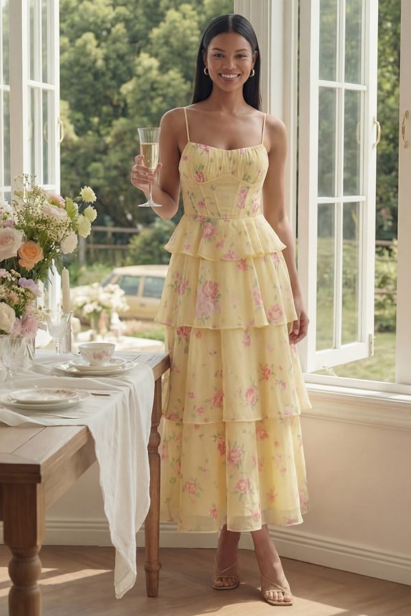 Tiered Corset Floral Yellow Wedding Guest Dress