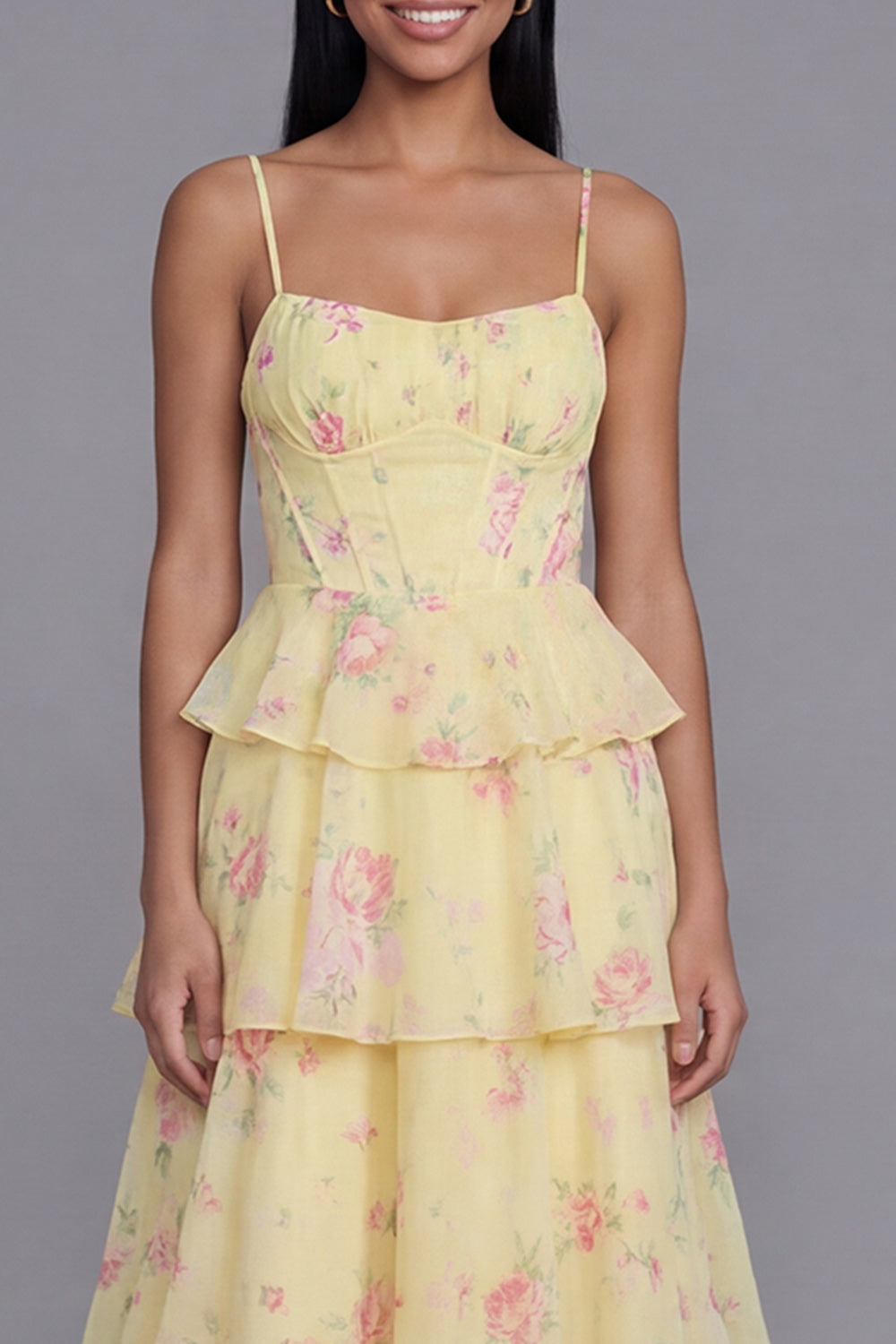 Tiered Corset Floral Yellow Wedding Guest Dress - Image 3