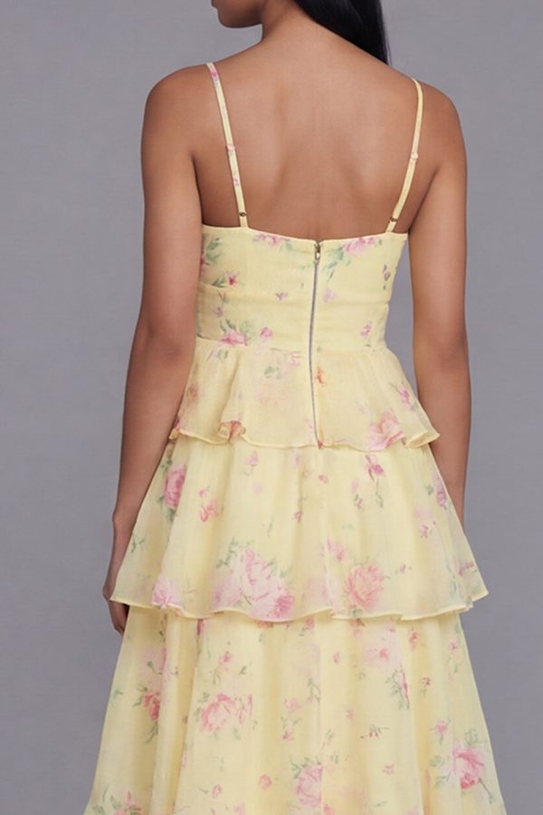 Tiered Corset Floral Yellow Wedding Guest Dress - Image 4