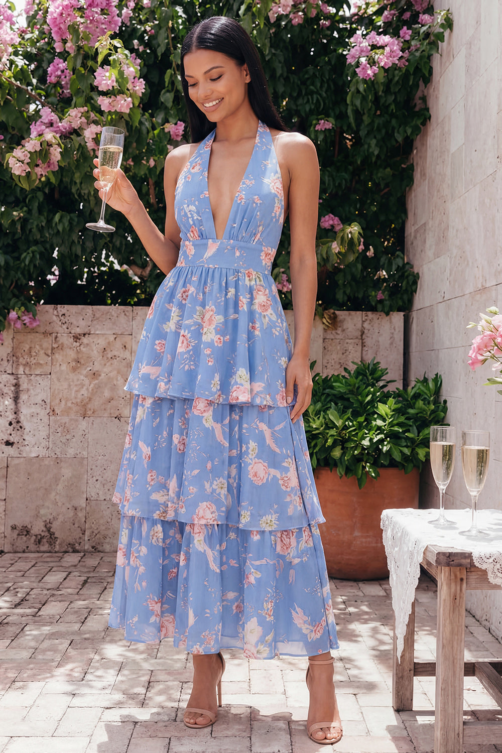 Tiered Halter Floral Blue Wedding Guest Dress with Bow - Image 1