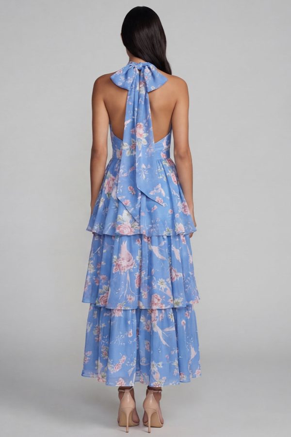 Tiered Halter Floral Blue Wedding Guest Dress with Bow - Image 2