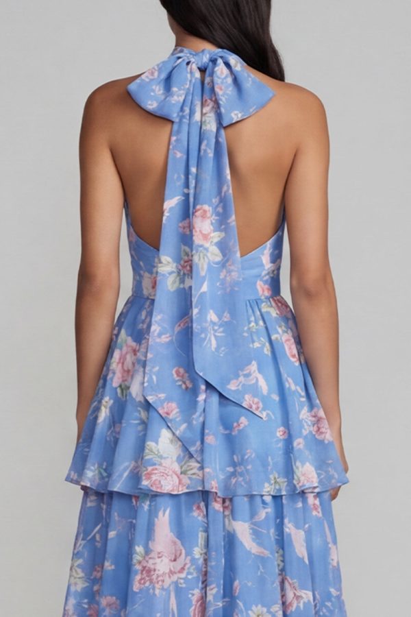 Tiered Halter Floral Blue Wedding Guest Dress with Bow - Image 4