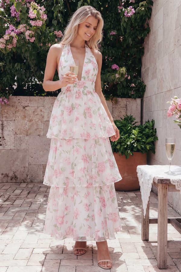 Tiered Halter Floral Blue Wedding Guest Dress with Bow - Image 5