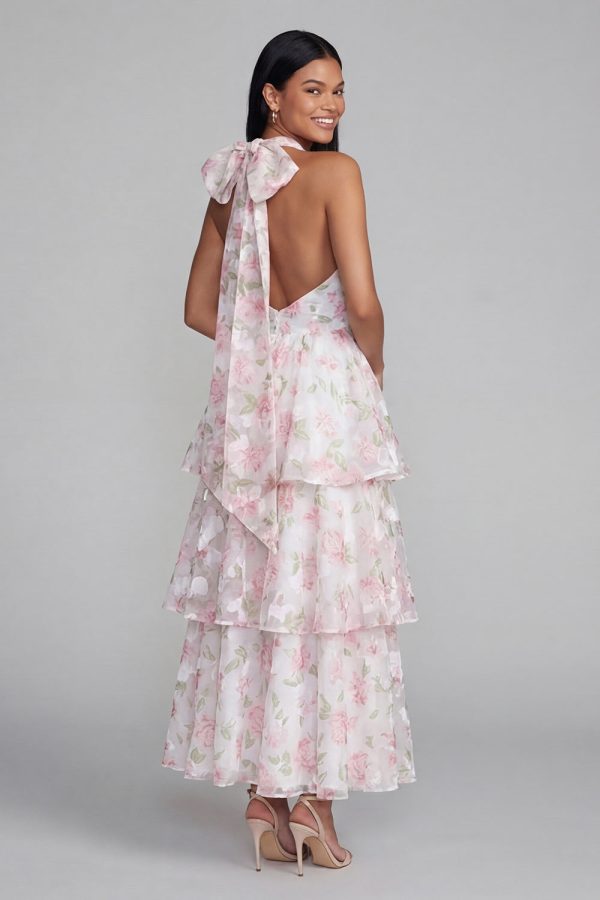 Tiered Halter Floral Blue Wedding Guest Dress with Bow - Image 6