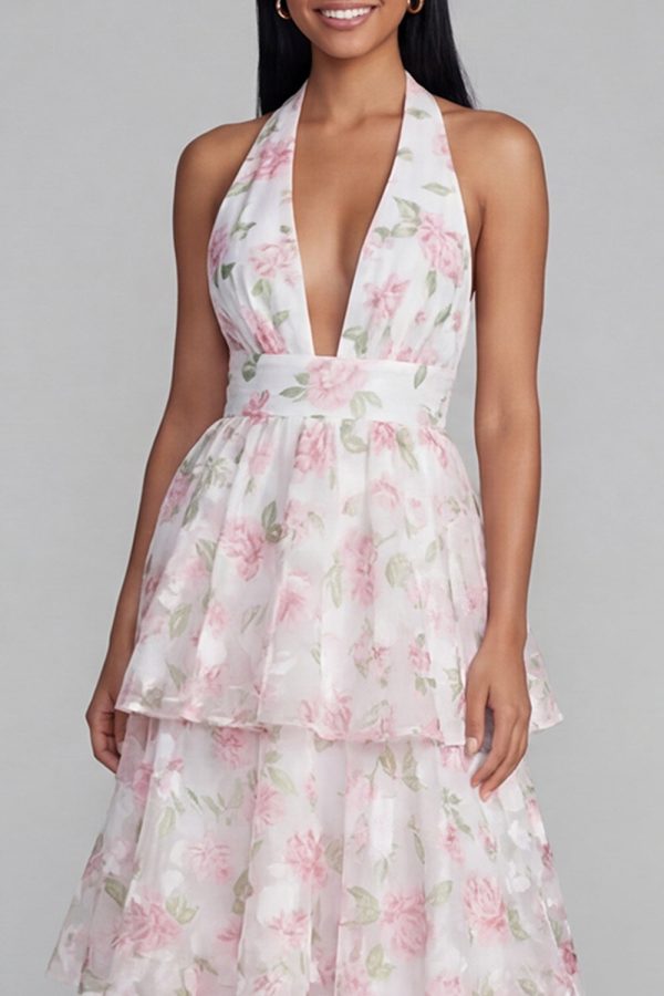 Tiered Halter Floral Blue Wedding Guest Dress with Bow - Image 7