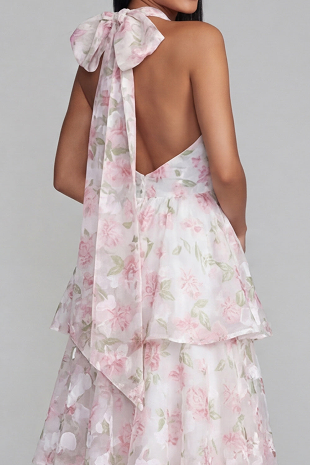 Tiered Halter Floral Blue Wedding Guest Dress with Bow - Image 8