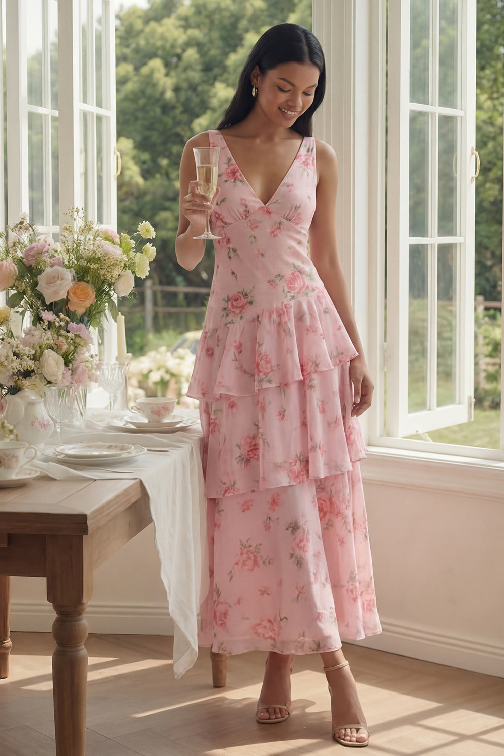 Tiered A Line Floral Pink V Neck Wedding Guest Dress - Image 1