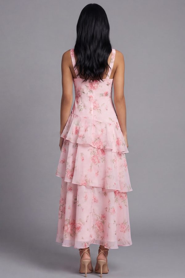 Tiered A Line Floral Pink V Neck Wedding Guest Dress - Image 2
