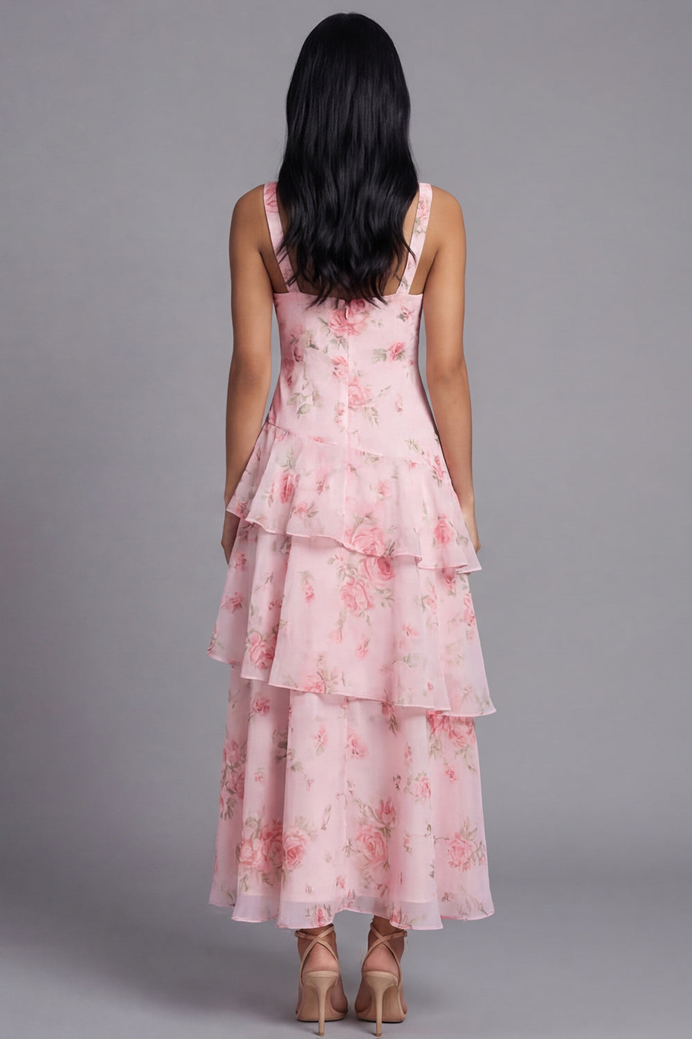 Tiered A Line Floral Pink V Neck Wedding Guest Dress - Image 2