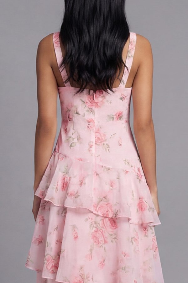 Tiered A Line Floral Pink V Neck Wedding Guest Dress - Image 4
