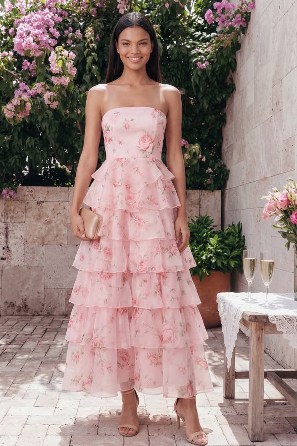 Tiered Strapless Floral Pink Wedding Guest Dress