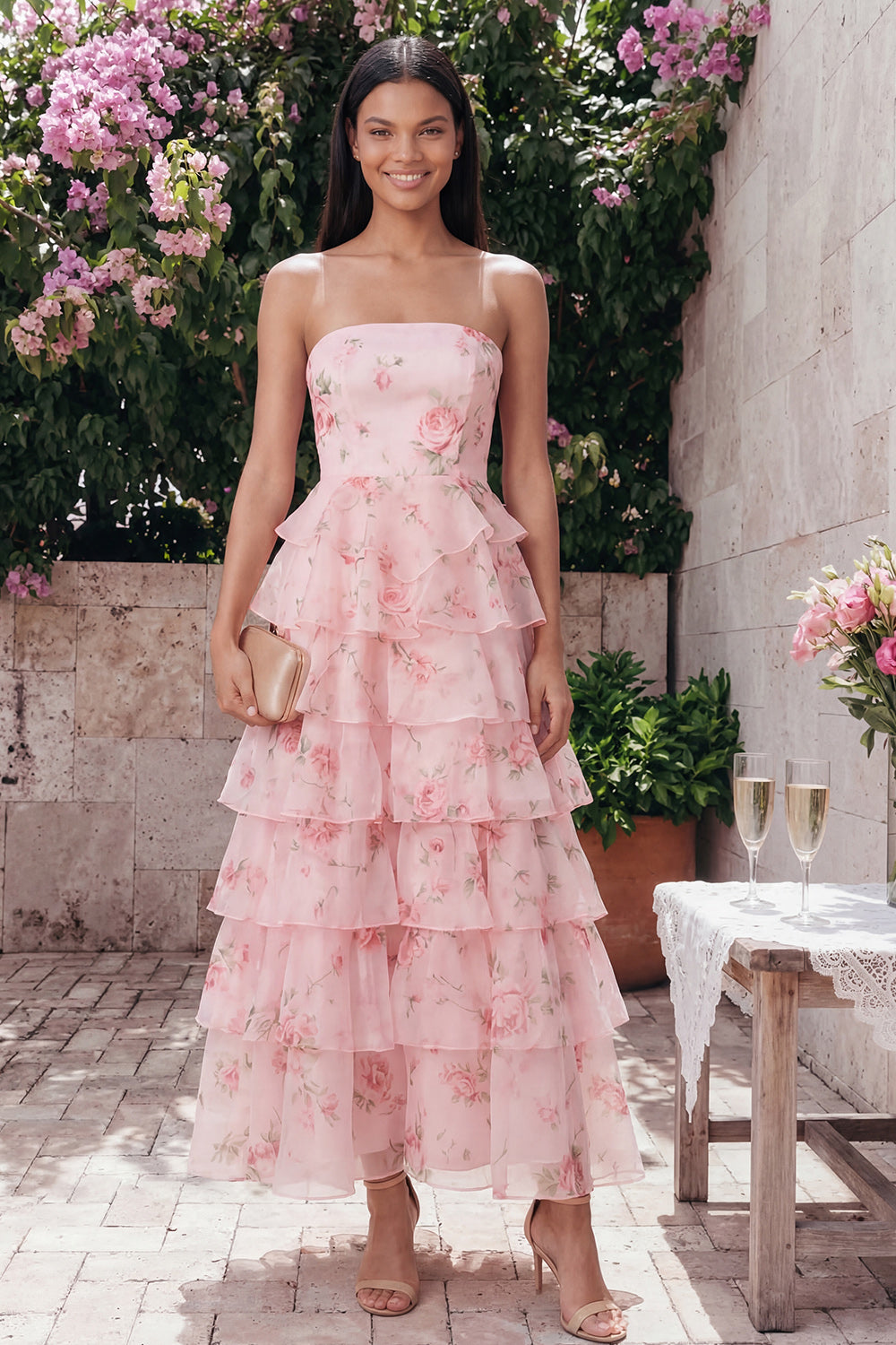 Tiered Strapless Floral Pink Wedding Guest Dress - Image 1