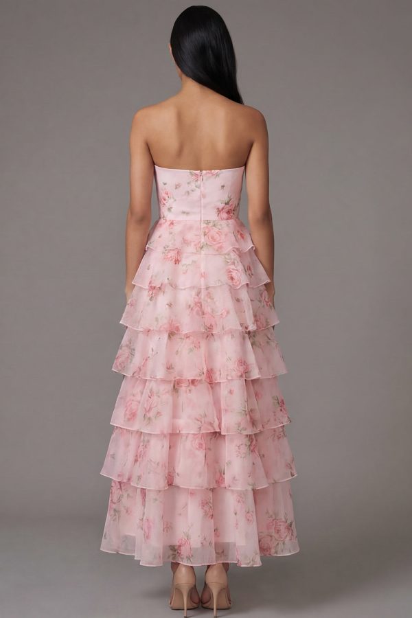 Tiered Strapless Floral Pink Wedding Guest Dress - Image 2