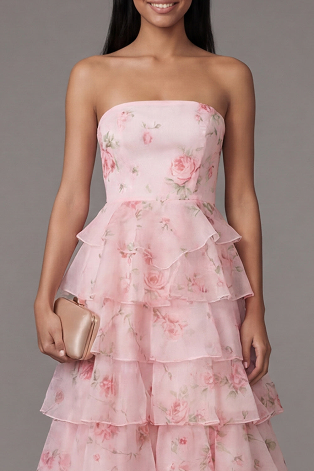 Tiered Strapless Floral Pink Wedding Guest Dress - Image 3