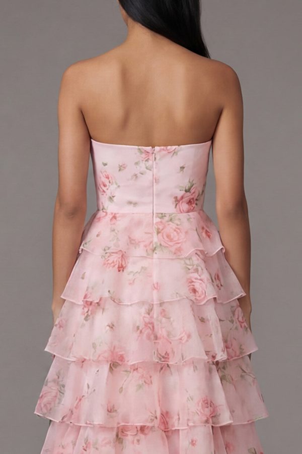 Tiered Strapless Floral Pink Wedding Guest Dress - Image 4