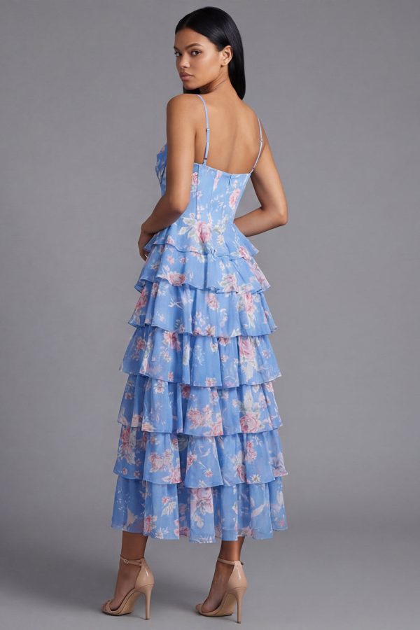 Tiered Corset Blue Floral Wedding Guest Dress with Slit - Image 2