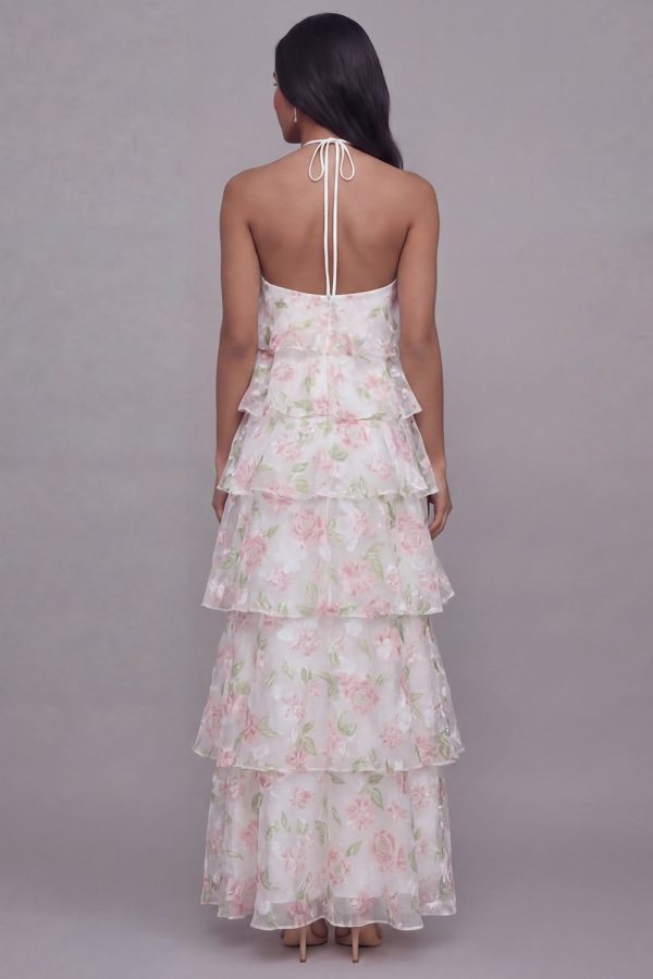Tiered Halter Floral Pink Maxi Wedding Guest Dress - Image 2