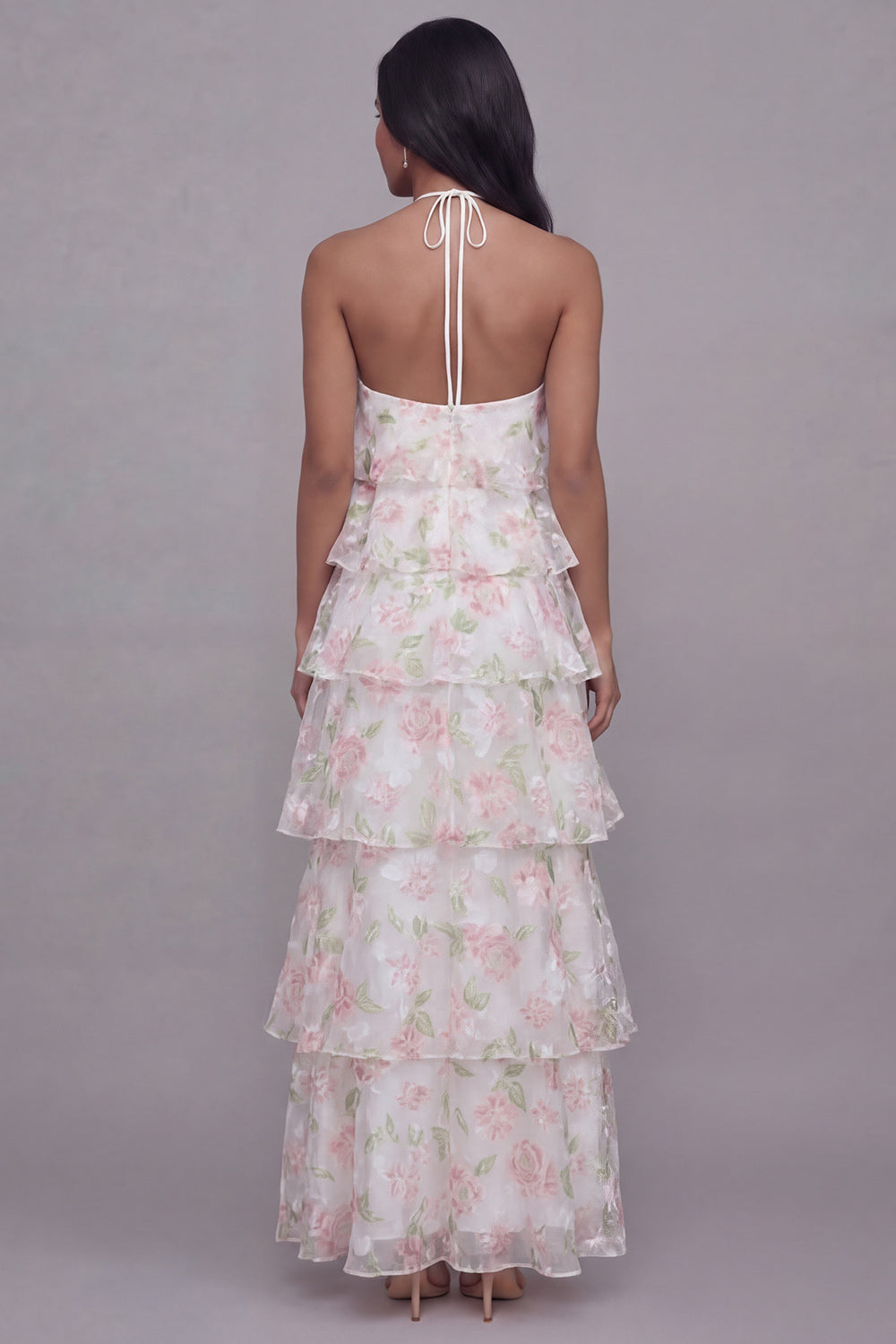 Tiered Halter Floral Pink Maxi Wedding Guest Dress - Image 2