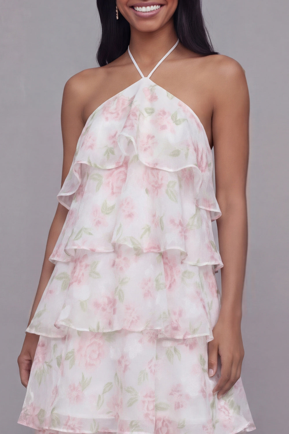 Tiered Halter Floral Pink Maxi Wedding Guest Dress - Image 3