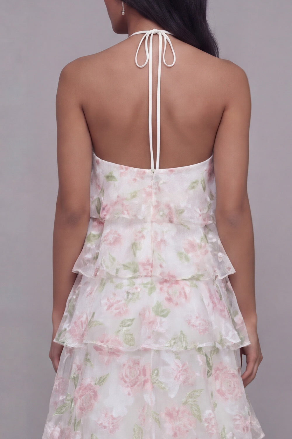 Tiered Halter Floral Pink Maxi Wedding Guest Dress - Image 4