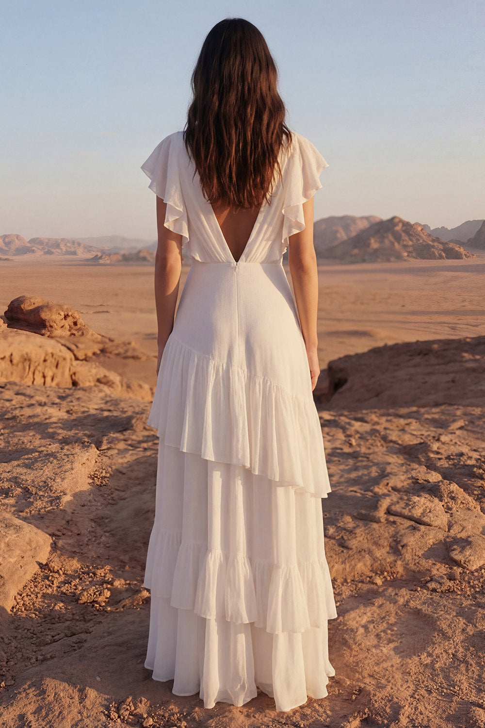Tiered Ruffled V Neck Ivory Maxi Boho Wedding Dress - Image 2